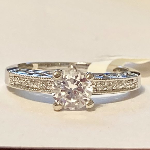 Silver Filigree Victorian Engagement Ring Size 9 10 Cubic Zirconia RhodiumPlated - Picture 10 of 10